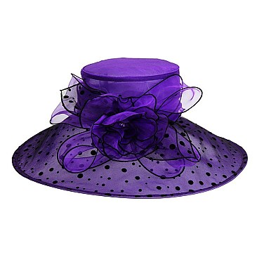 Elegant Organza Hat Large Brim Polka Dot with Rhinestone Center MEZ2013