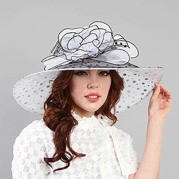 Elegant Organza Hat Large Brim Polka Dot with Rhinestone Center MEZ2013