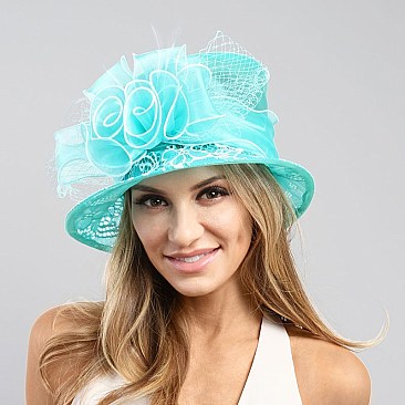 Ladies Organza Hat Small Brim Floral Decor MEZ2014