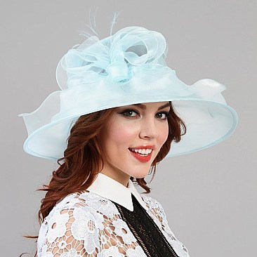 Ladies Organza Hat Medium Brim Feathers Decor MEZ2018