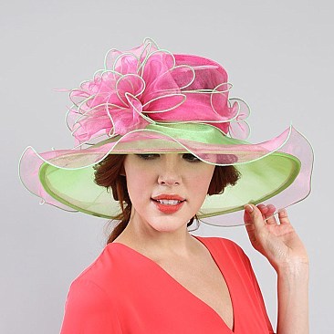 Ladies Organza Hat Medium Brim Two Tone Ruffles Decor