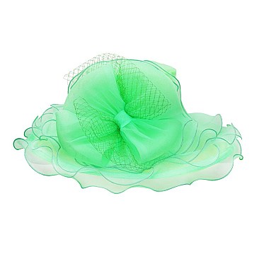 Ladies Organza Hat Large Brim Bow and Ruffles Decor