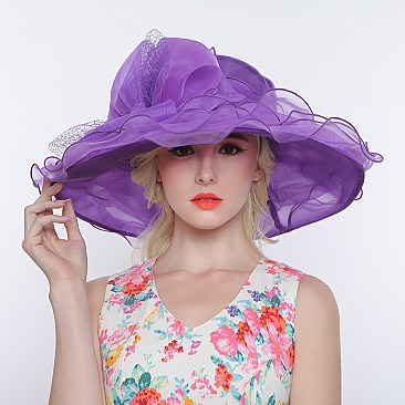 Ladies Organza Hat Large Brim Bow and Ruffles Decor