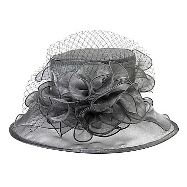 Elegant Medium Brim Two Tone Organza Hat with Floral Center Netting SLHTO2149