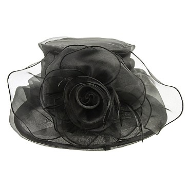 Elegant Medium Brim Ruffle Organza Hat with Floral Center SLHTO2152