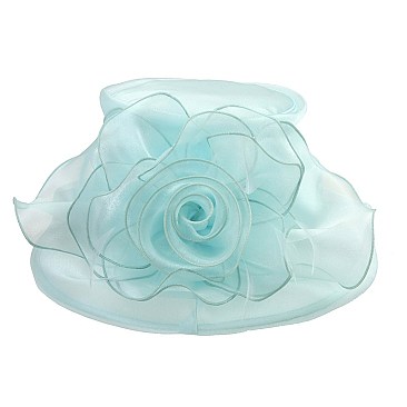 Elegant Medium Brim Ruffle Organza Hat with Floral Center SLHTO2152