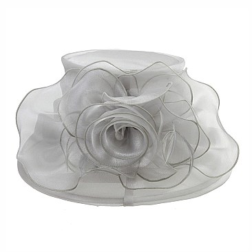 Elegant Medium Brim Ruffle Organza Hat with Floral Center SLHTO2152