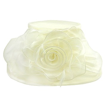 Elegant Medium Brim Ruffle Organza Hat with Floral Center SLHTO2152