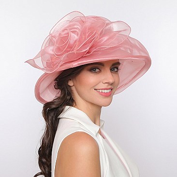 Elegant Medium Brim Ruffle Organza Hat with Floral Center SLHTO2152