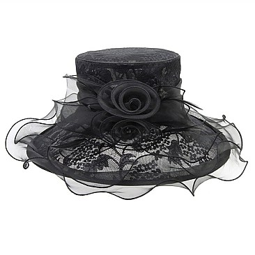 Elegant Medium Lace Organza Hat with 2 Rose in Center