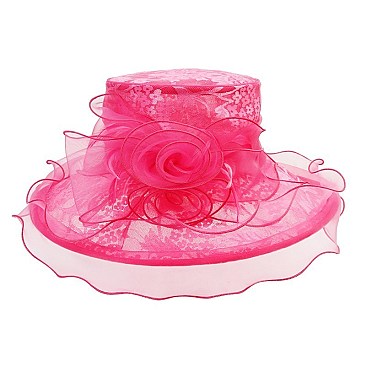 Elegant Medium Lace Organza Hat with 2 Rose in Center