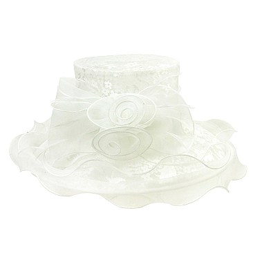 Elegant Medium Lace Organza Hat with 2 Rose in Center