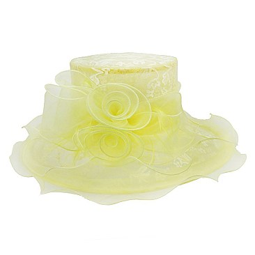 Elegant Medium Lace Organza Hat with 2 Rose in Center