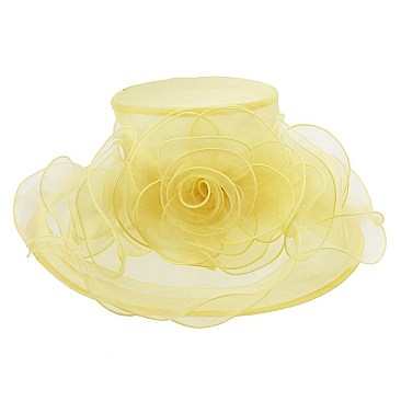 Elegant Small Brim Ruffle Organza Hat with Rose Center