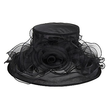 Elegant Small Brim Ruffle Organza Hat with Rose Center