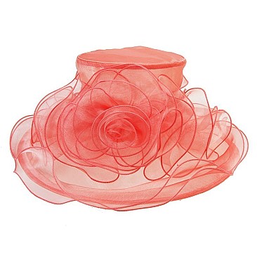 Elegant Small Brim Ruffle Organza Hat with Rose Center