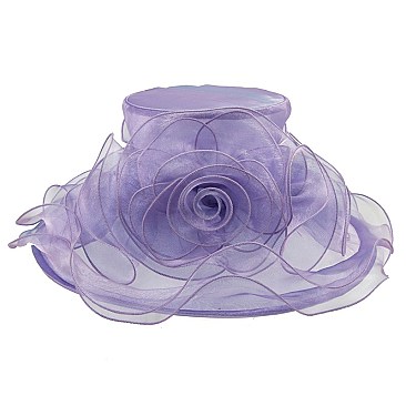 Elegant Small Brim Ruffle Organza Hat with Rose Center