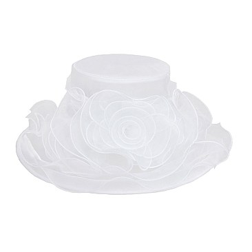 Elegant Small Brim Ruffle Organza Hat with Rose Center