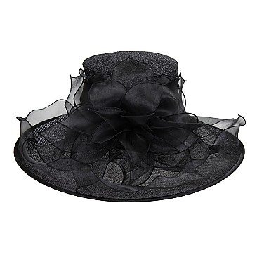 Elegant Large Brim Ruffle Organza Hat with Floral Center SLHTO2155