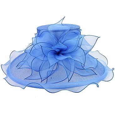 Elegant Large Brim Ruffle Organza Hat with Floral Center SLHTO2155