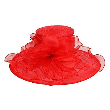 Elegant Large Brim Ruffle Organza Hat with Floral Center SLHTO2155