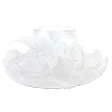 Elegant Large Brim Ruffle Organza Hat with Floral Center SLHTO2155