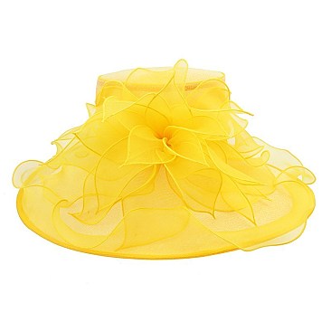Elegant Large Brim Ruffle Organza Hat with Floral Center SLHTO2155