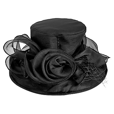 Elegant MEDIUM BRIM ORGANZA HAT WITH ROSE CLUSTER