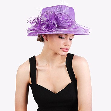 Elegant MEDIUM BRIM ORGANZA HAT WITH ROSE CLUSTER