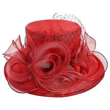 Elegant MEDIUM BRIM ORGANZA HAT WITH ROSE CLUSTER