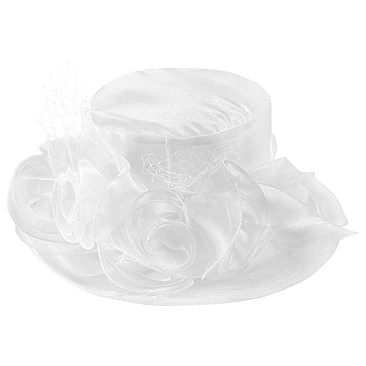 Elegant MEDIUM BRIM ORGANZA HAT WITH ROSE CLUSTER