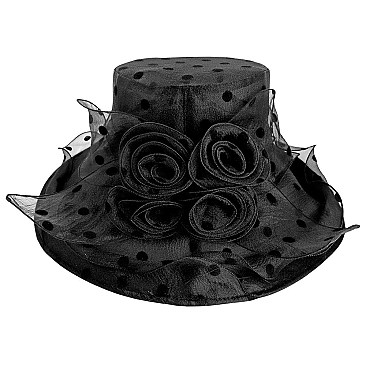 Elegant LARGE BRIM ORGANZA POLKA DOT Derby HAT