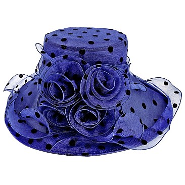 Elegant LARGE BRIM ORGANZA POLKA DOT Derby HAT