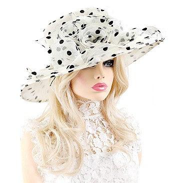 Elegant LARGE BRIM ORGANZA POLKA DOT Derby HAT