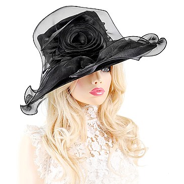 Elegant LARGE BRIM FLORAL LACE ORANZA HAT W ROSE ACCENT