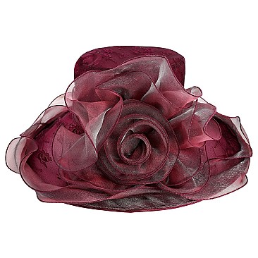 Elegant LARGE BRIM FLORAL LACE ORANZA HAT W ROSE ACCENT