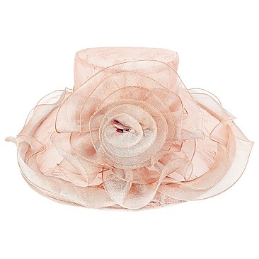 Elegant LARGE BRIM FLORAL LACE ORANZA HAT W ROSE ACCENT