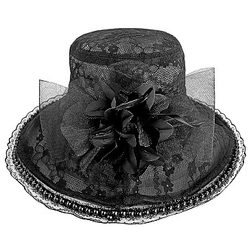 Elegant MEDIUM BRIM FLORAL LACE ORANZA HAT W PEARL ACCENT AND LARGE BOW