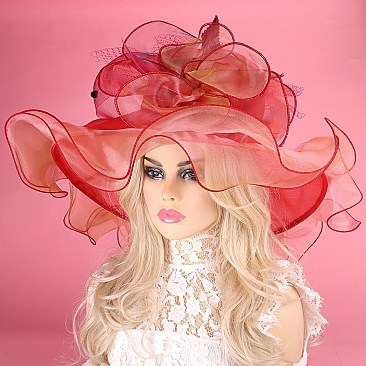 CLASSY KENTUCKY DERBY ORGANZA FLORAL WIDE BRIM HAT