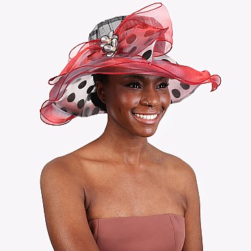 Elegant POLKA DOT Flat Top ORANZA HAT with Bow and Flowers