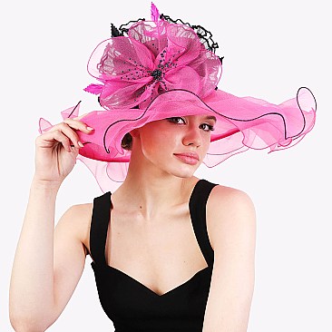 WHOLESALE BEADED KENTUCKY DERBY ORGANZA CENTER FLORAL HAT