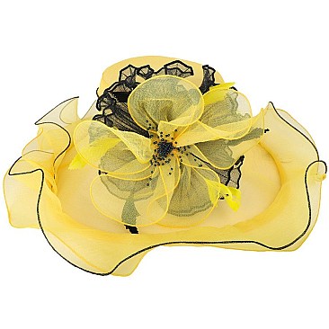 WHOLESALE BEADED KENTUCKY DERBY ORGANZA CENTER FLORAL HAT