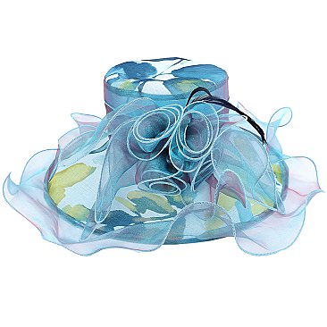 FLORAL PRINT ORGANZA  WIDE BRIM DERBY HAT