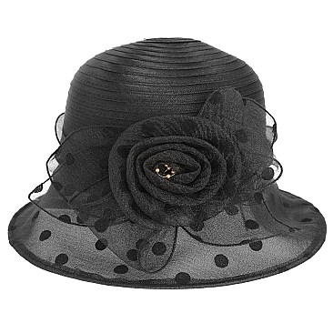 Elegant POLKA DOT Cloche ORANZA HAT WITH ROSE