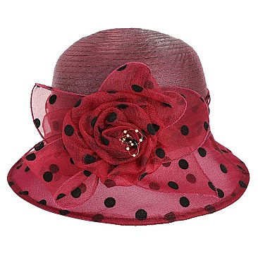 Elegant POLKA DOT Cloche ORANZA HAT WITH ROSE