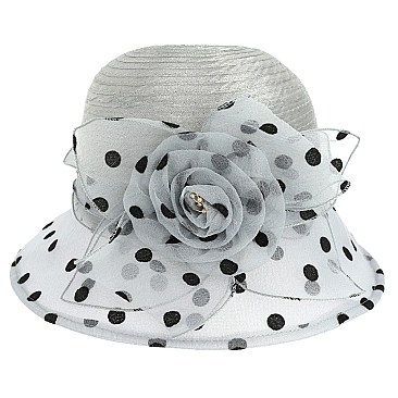 Elegant POLKA DOT Cloche ORANZA HAT WITH ROSE