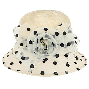 Elegant POLKA DOT Cloche ORANZA HAT WITH ROSE