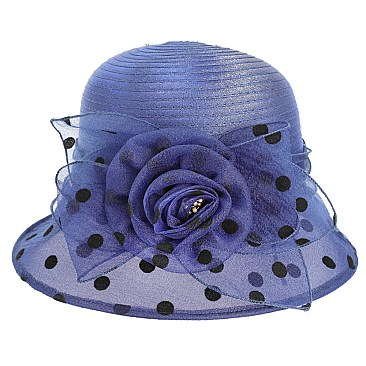 Elegant POLKA DOT Cloche ORANZA HAT WITH ROSE