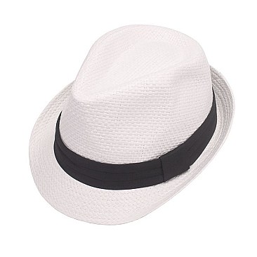NEUTRAL TONE BANDED WOVEN FEDORA HAT
