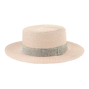 FASHION STRAW WOVEN HAT WITH CRYSTAL BAND ACCENT